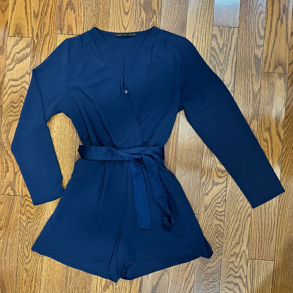 Fraiche by J Navy Long Sleeve Romper with Tie Belt